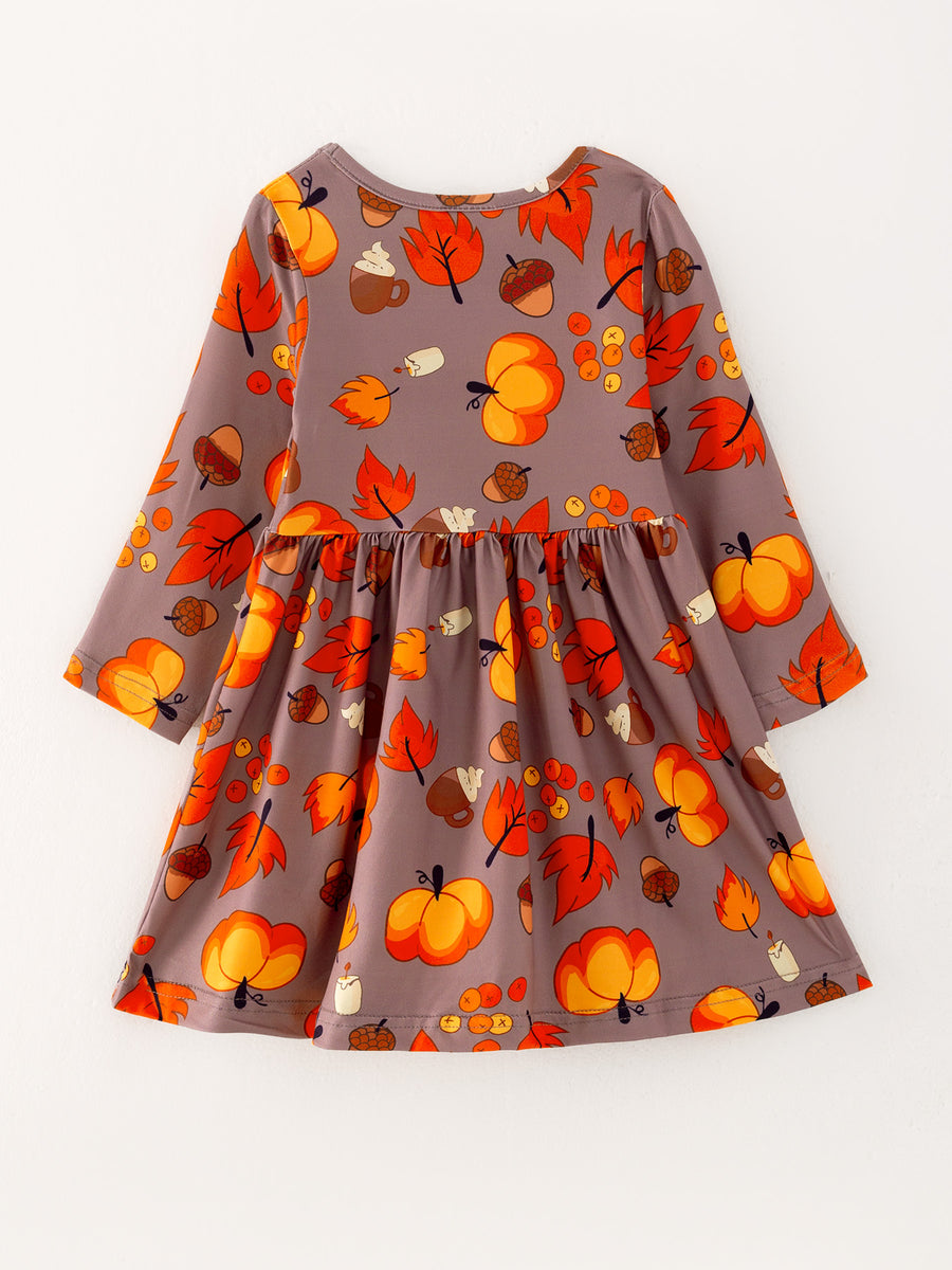 Fall Autumn Leaves Pine Cone Stripe Print Girls Dress