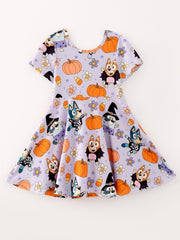 Fall Halloween Cartoon Girls Pumpkin Print Milk Silk Dress