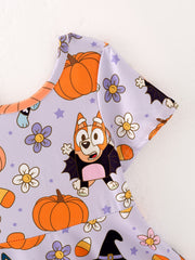 Fall Halloween Cartoon Girls Pumpkin Print Milk Silk Dress