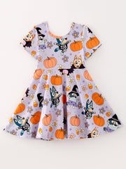 Fall Halloween Cartoon Girls Pumpkin Print Milk Silk Dress