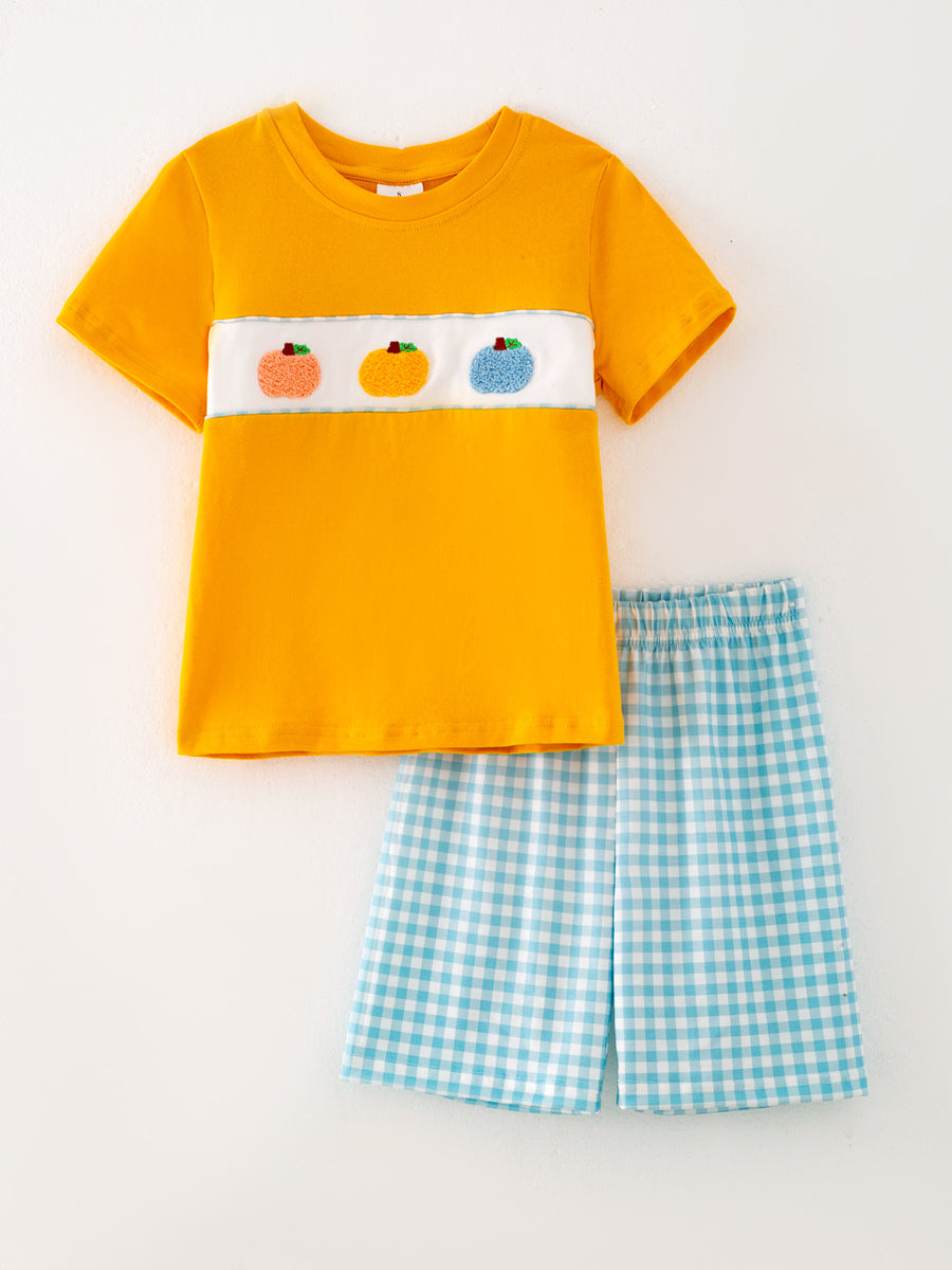Thanksgiving  Pumpkin Chenille patches Boys Shorts Set