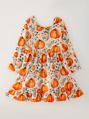 Girls FALL Pumpkin Print Long Sleeve Dress