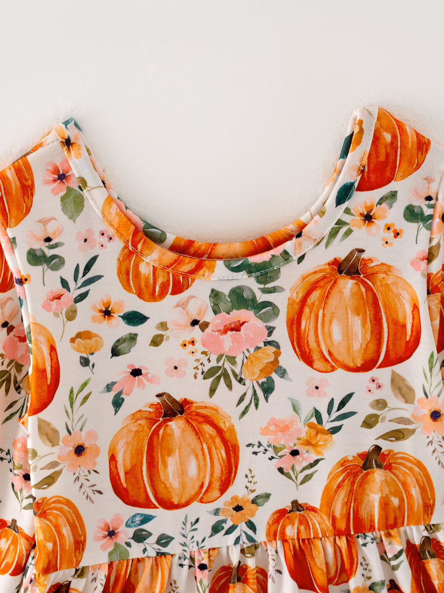 Girls FALL Pumpkin Print Long Sleeve Dress