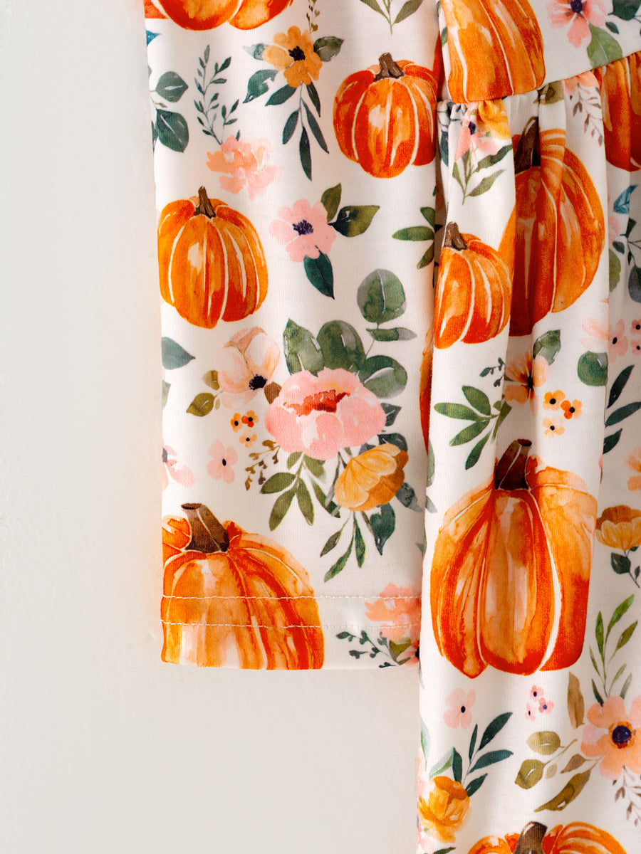 Girls FALL Pumpkin Print Long Sleeve Dress