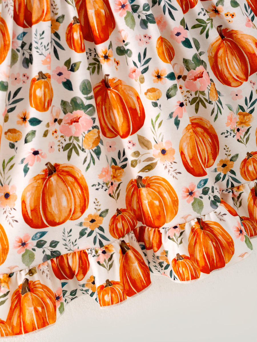 Girls FALL Pumpkin Print Long Sleeve Dress