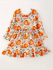 Girls FALL Pumpkin Print Long Sleeve Dress