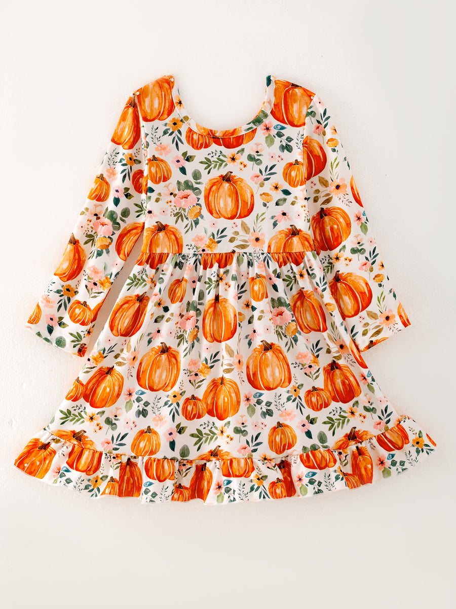 Girls FALL Pumpkin Print Long Sleeve Dress