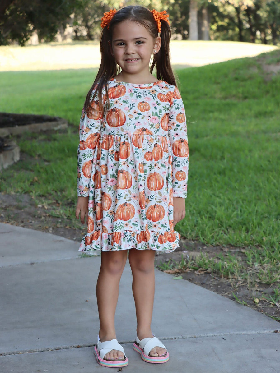 Girls FALL Pumpkin Print Long Sleeve Dress