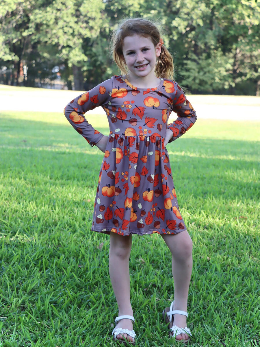 Fall Autumn Leaves Pine Cone Stripe Print Girls Dress