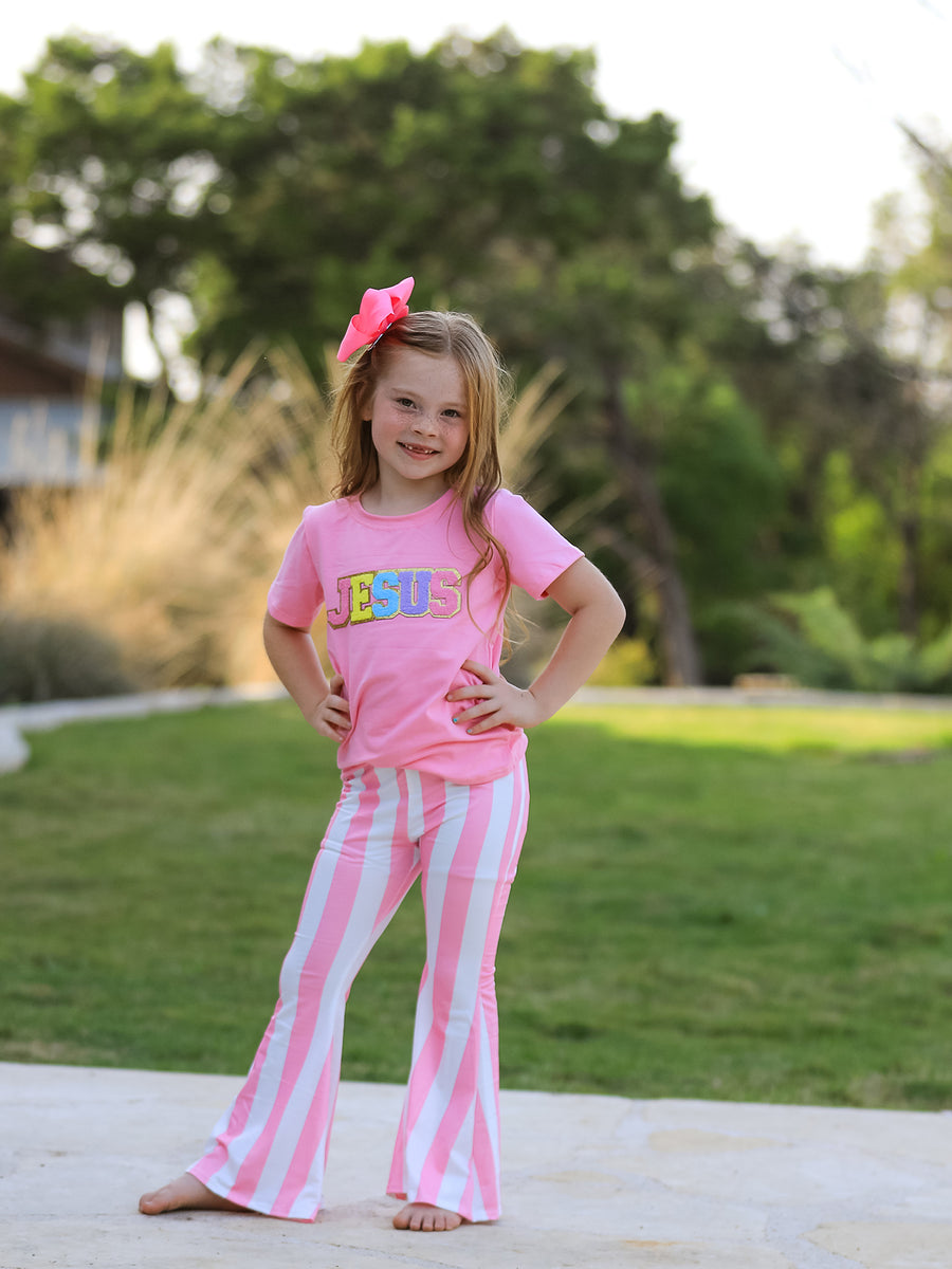 "JESUS"Girls' Applique Striped Trousers Set