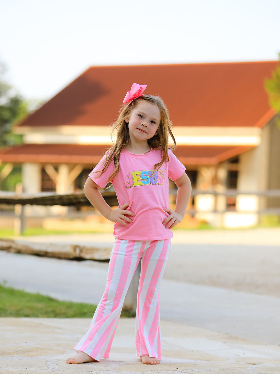 "JESUS"Girls' Applique Striped Trousers Set