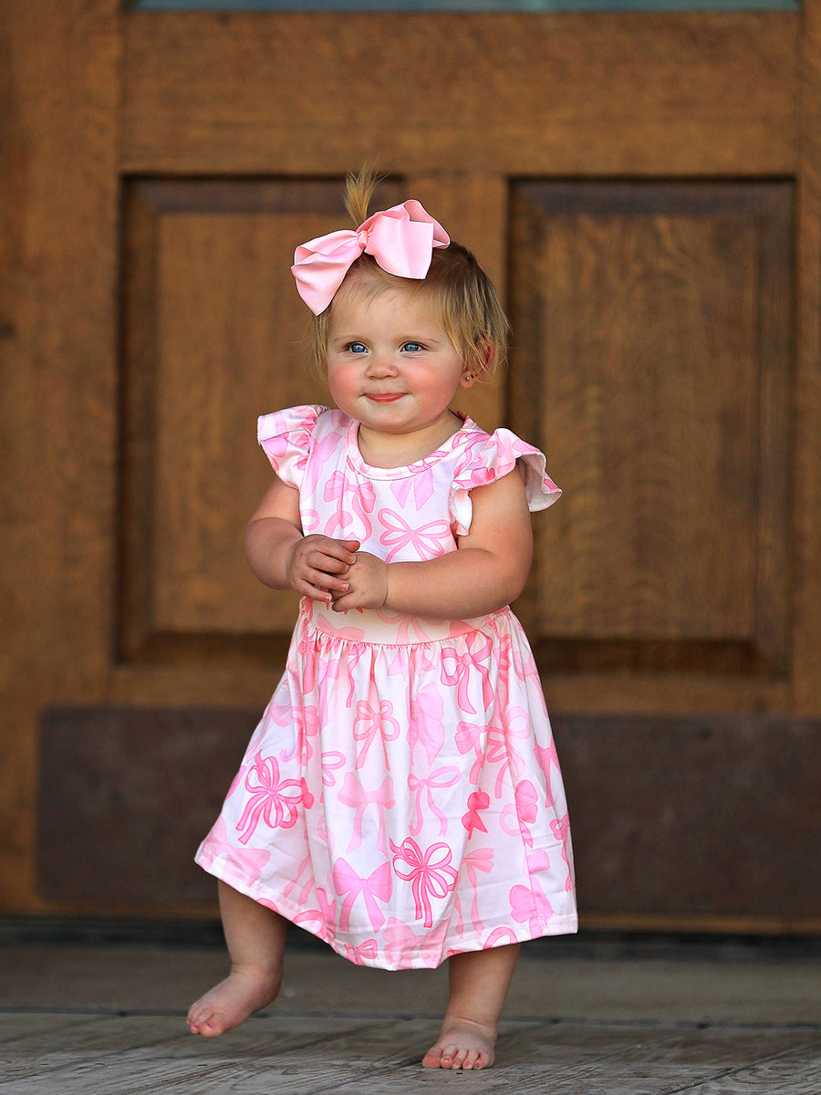 Easter Bow Print Flying Sleeve Girls Dress