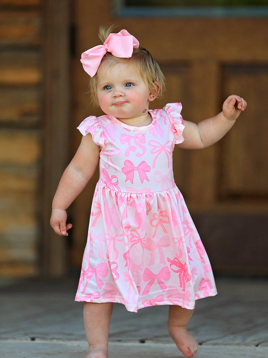 Easter Bow Print Flying Sleeve Girls Dress