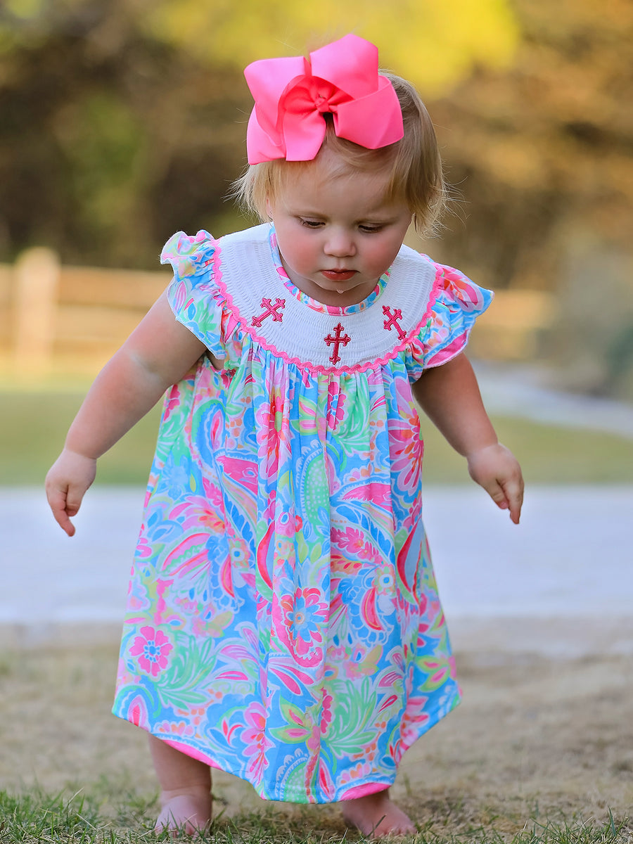 Easter Cross Smocking Embroidery Baby Girl Dress
