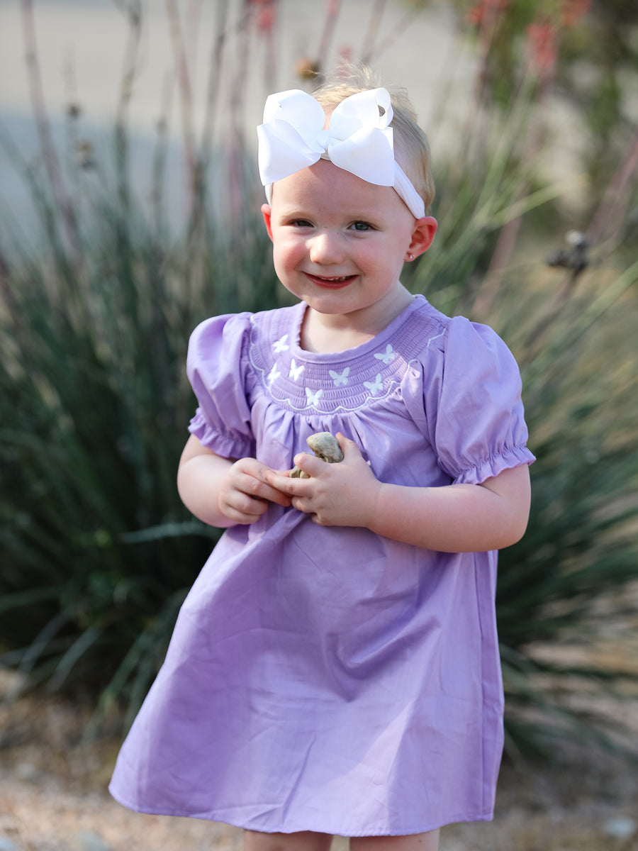 Girls Butterfly Smocking Embroidered Purple Dress