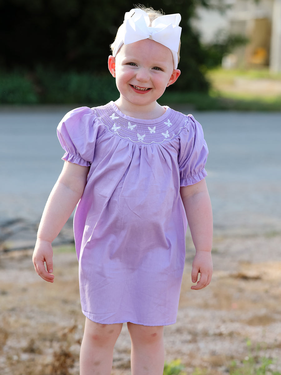 Girls Butterfly Smocking Embroidered Purple Dress
