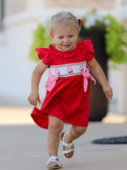 Red Cherry Bow Smocking Embroidery Girls'  Dress