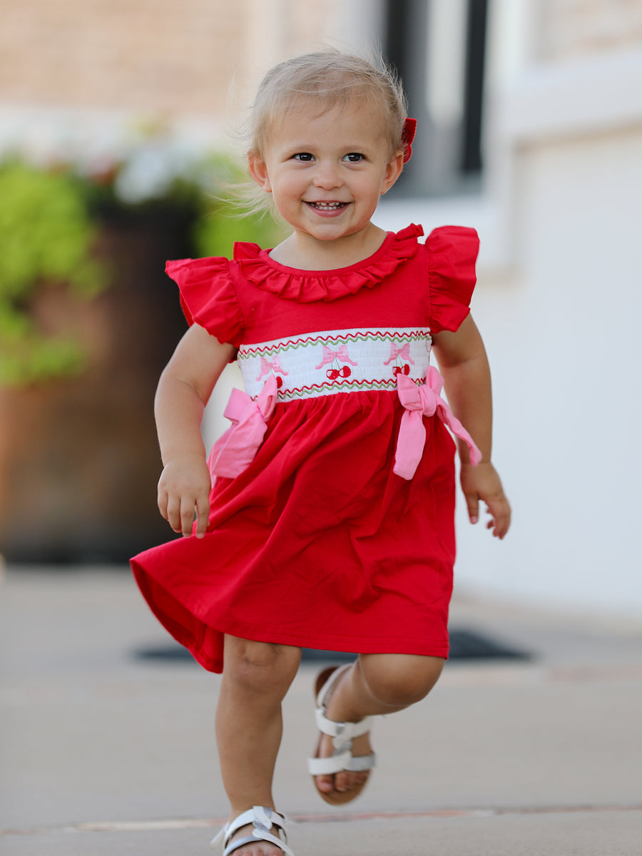 Red Cherry Bow Smocking Embroidery Girls'  Dress