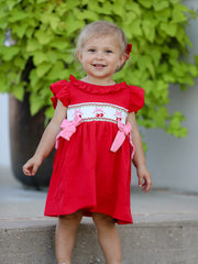Red Cherry Bow Smocking Embroidery Girls'  Dress