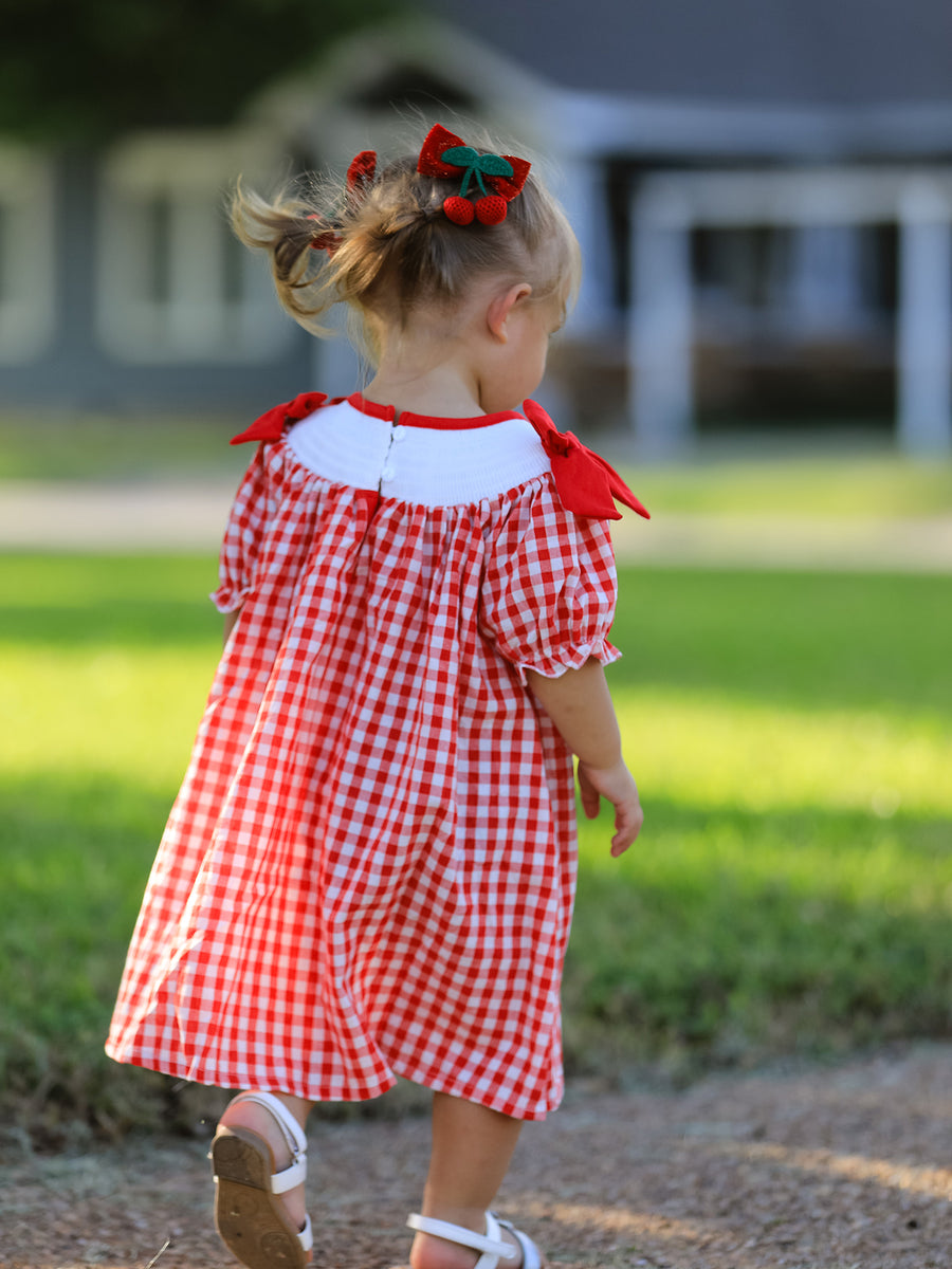 Red Cherry Bow Plaid Smocking Embroidery Girls'  Dress