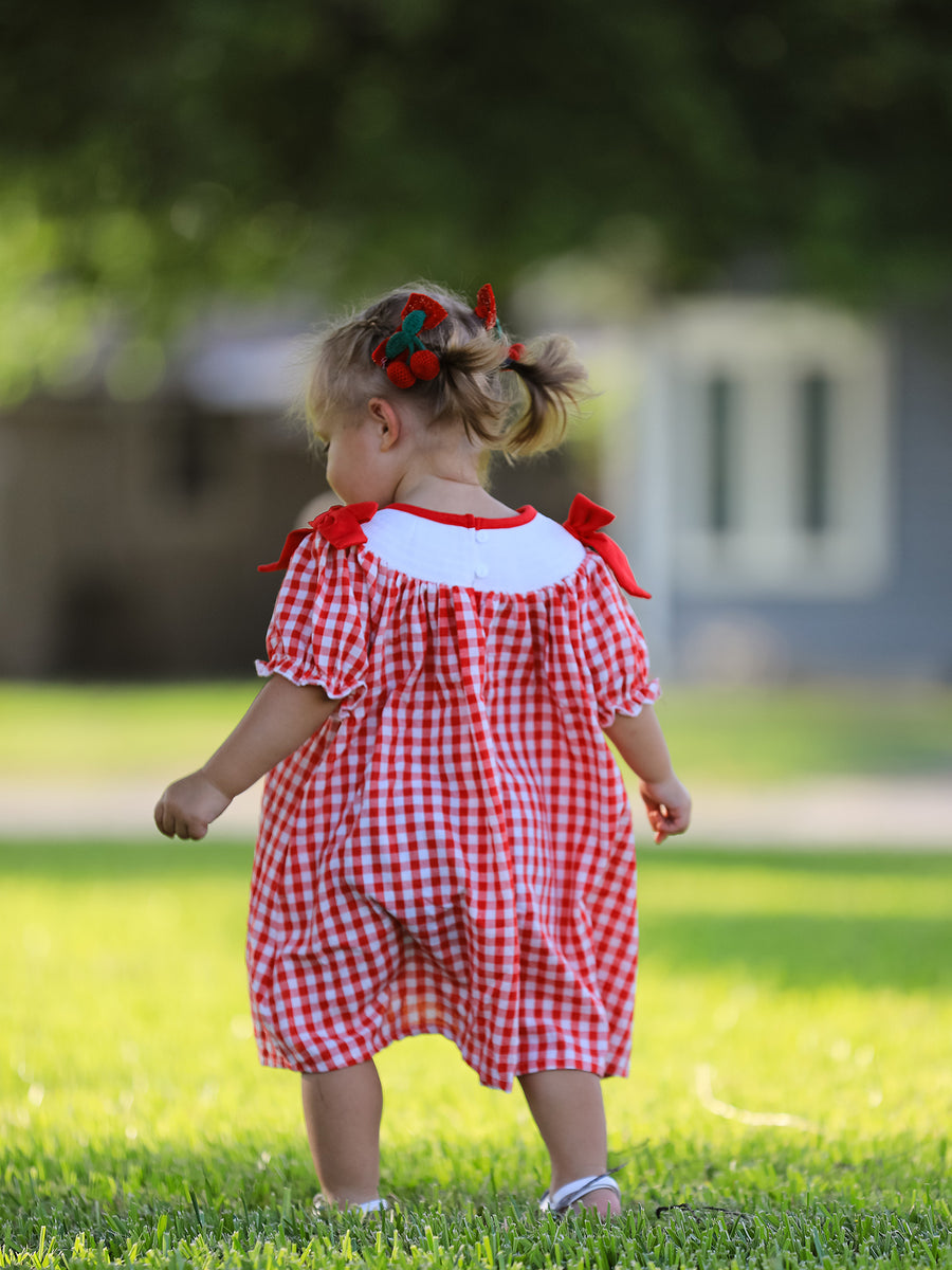 Red Cherry Bow Plaid Smocking Embroidery Girls'  Dress