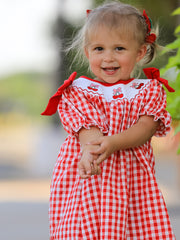 Red Cherry Bow Plaid Smocking Embroidery Girls'  Dress
