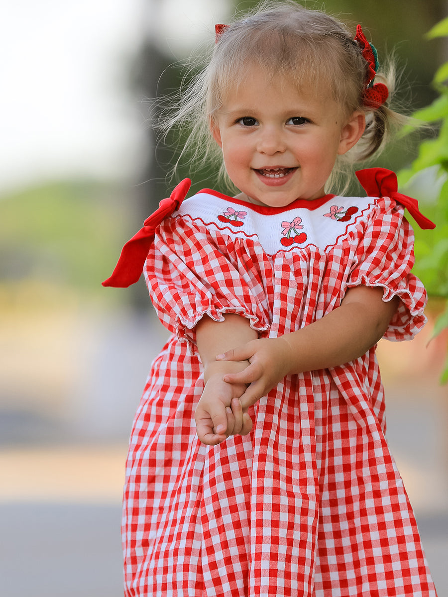 Red Cherry Bow Plaid Smocking Embroidery Girls'  Dress