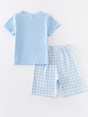 Blue Plaid Rabbit Applique Boy Set