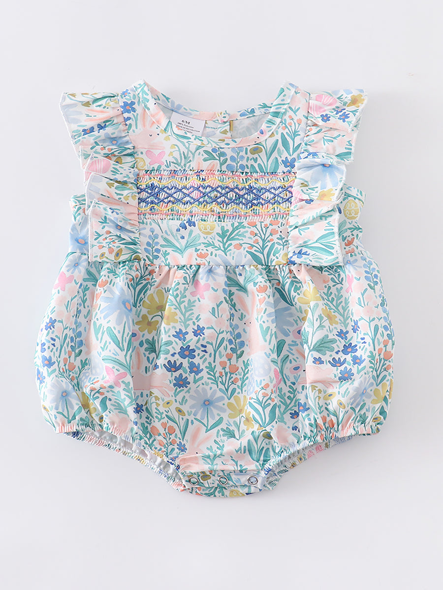 Easter Rabbit Floral Smocked Rufle Baby Romper