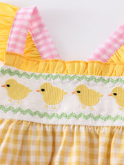 Yellow Plaid Chicken Applique Ruffle Baby Romper