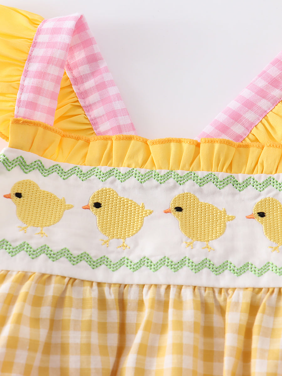 Yellow Plaid Chicken Applique Ruffle Baby Romper