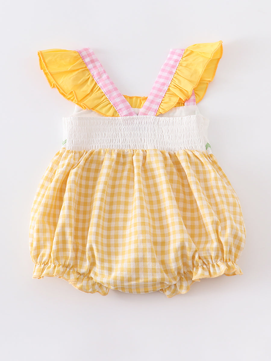 Yellow Plaid Chicken Applique Ruffle Baby Romper