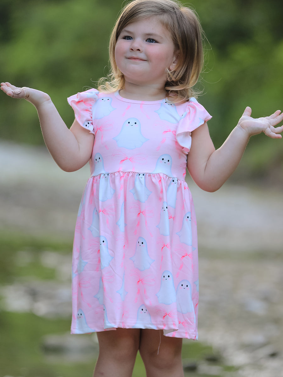Halloween Pink Ghost Bow Flying Sleeve Dress