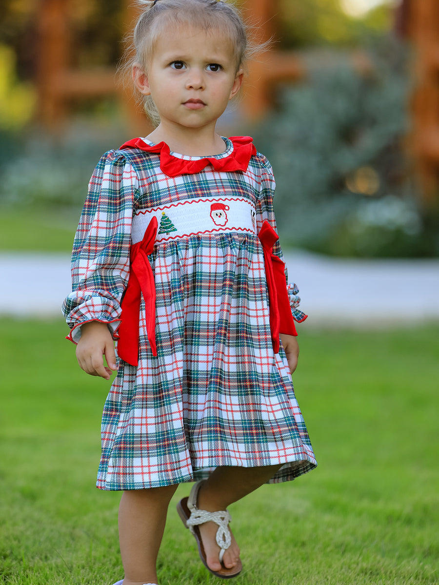 Christmas Embroidery Smocking Bow Plaid Girls Dress