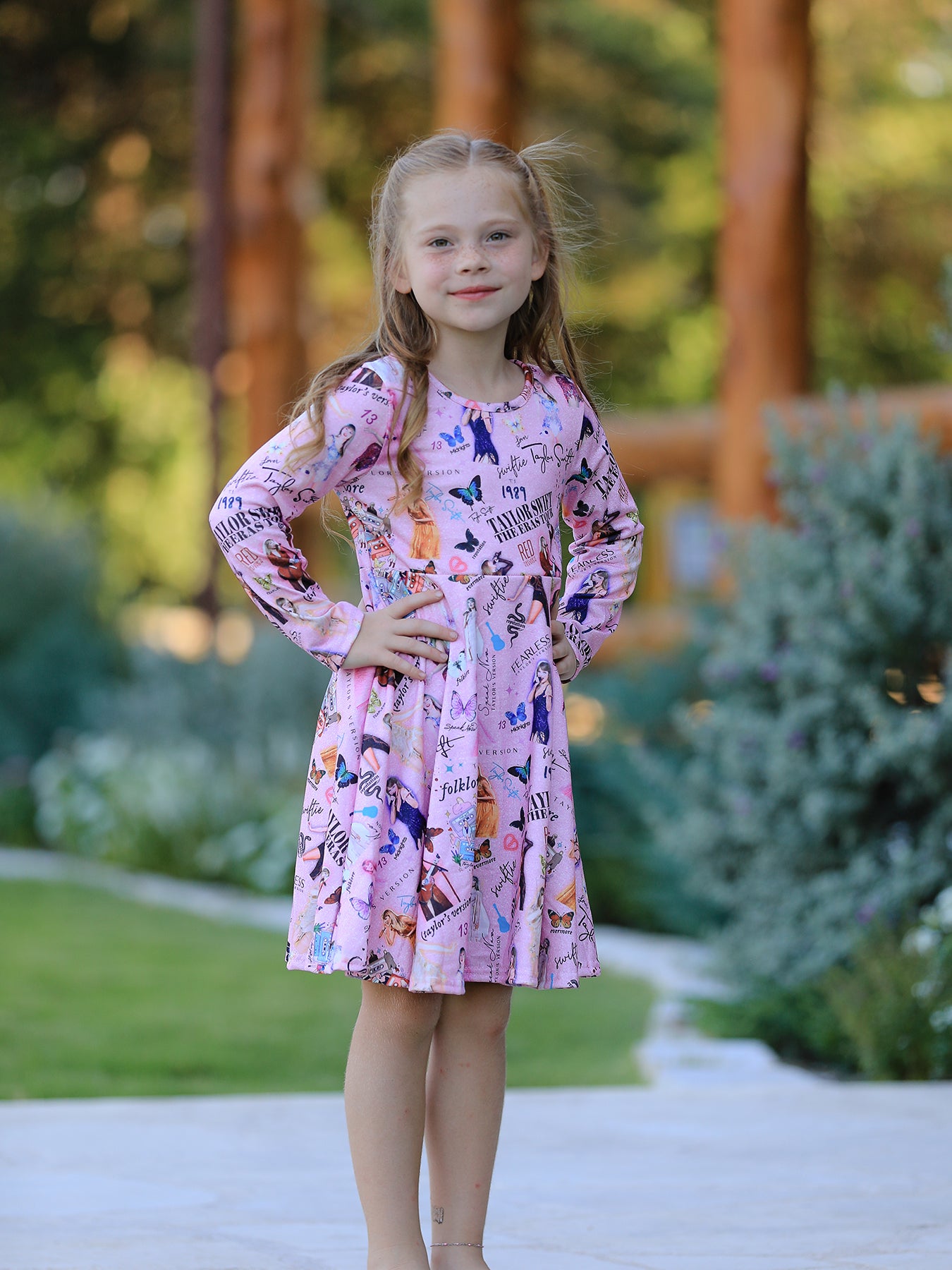Ts Twirly Print Girls Milk Silk Long sleeve Dress Musical Journey