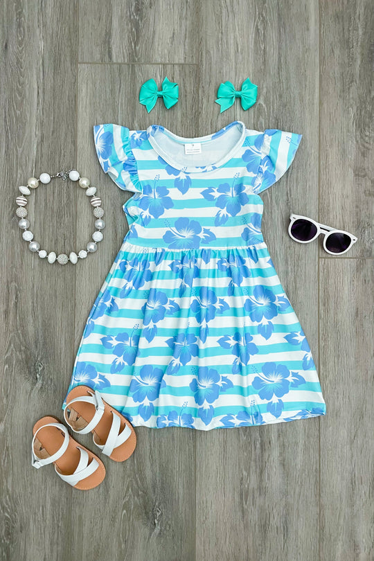 Aqua Striped Hibiscus Boutique Dress - Rylee Faith Designs