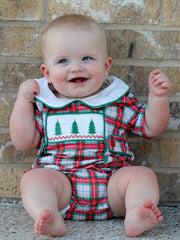 Christmas Tree Plaid Boys Romper Peter Pan Collar Smocked