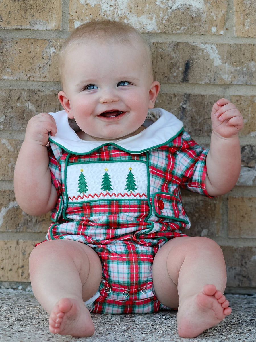 Christmas Tree Plaid Boys Romper Peter Pan Collar Smocked