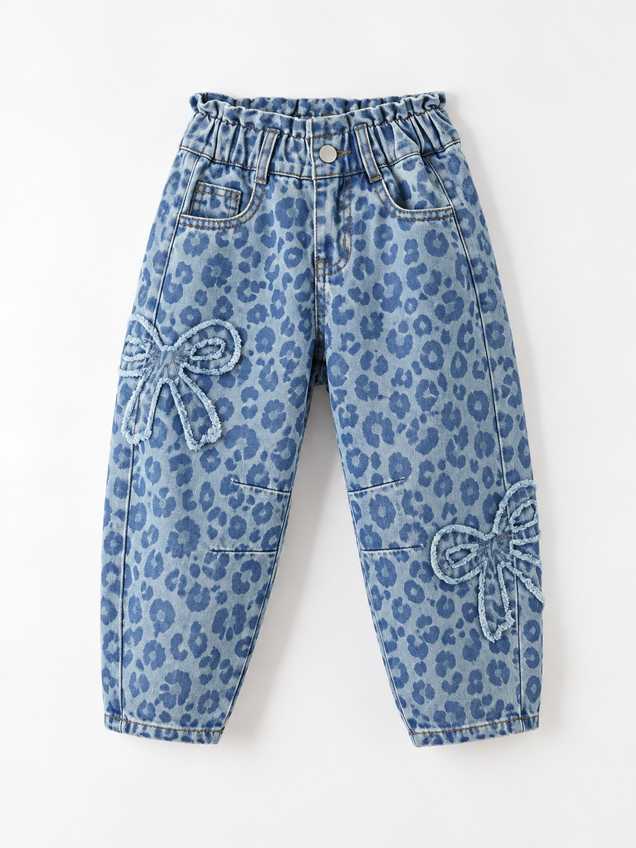 Girls Light Wash Bow Applique Relaxed Denim Jeans