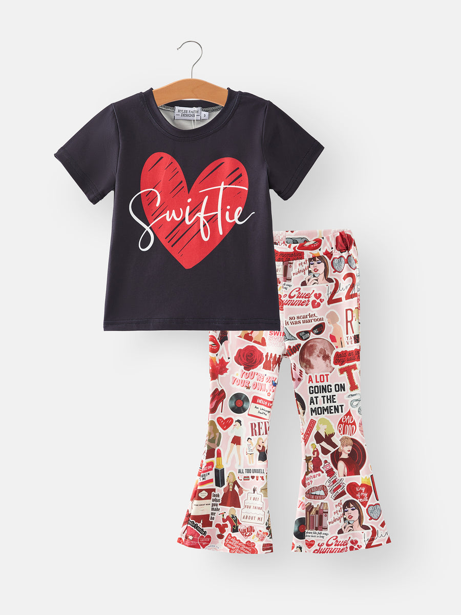 Valentine's Day TS Print Short Sleeve Top +Bell Bottom Pants Set