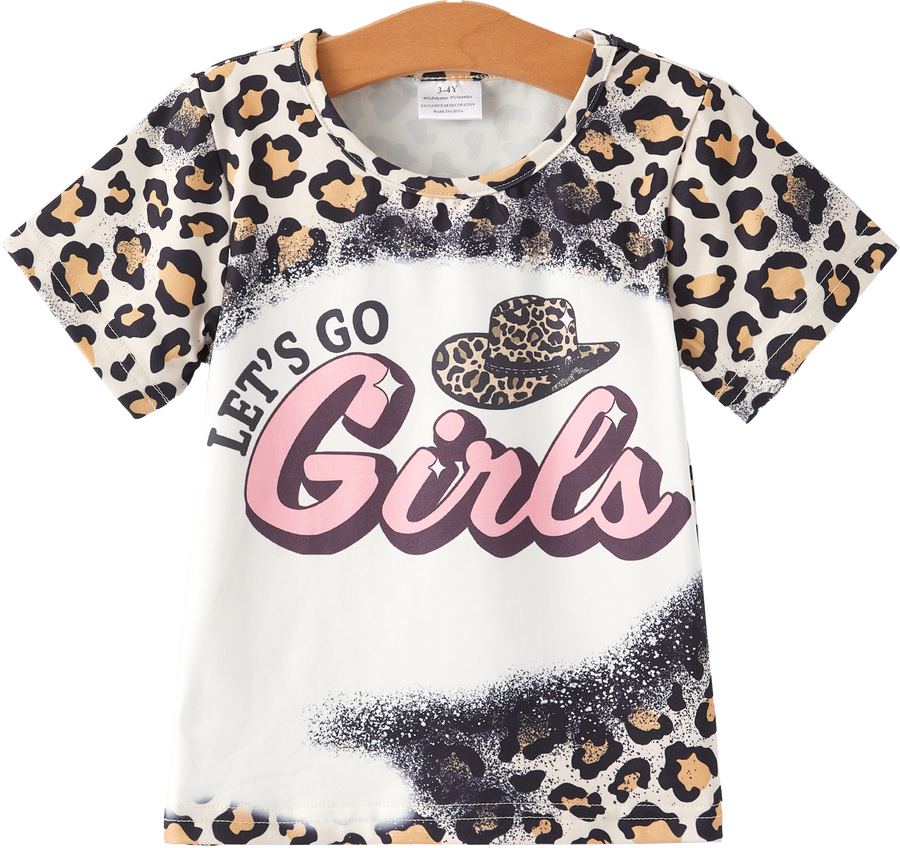 Four piece Baby Girl Leopard Letter Bleached Short Sleeve T-shirt Top Set