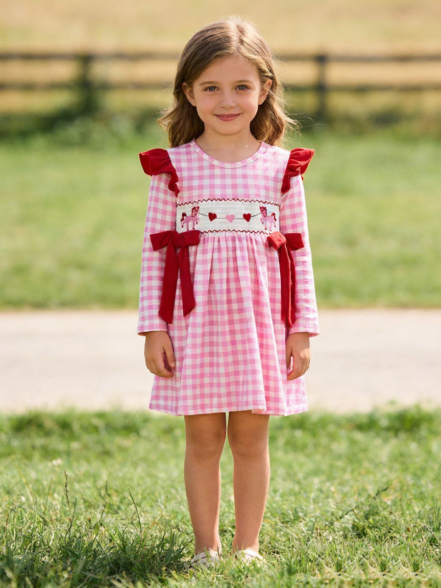 Valentine Pink Plaid Girls Dress with Horse & Heart Smocking Embroidery