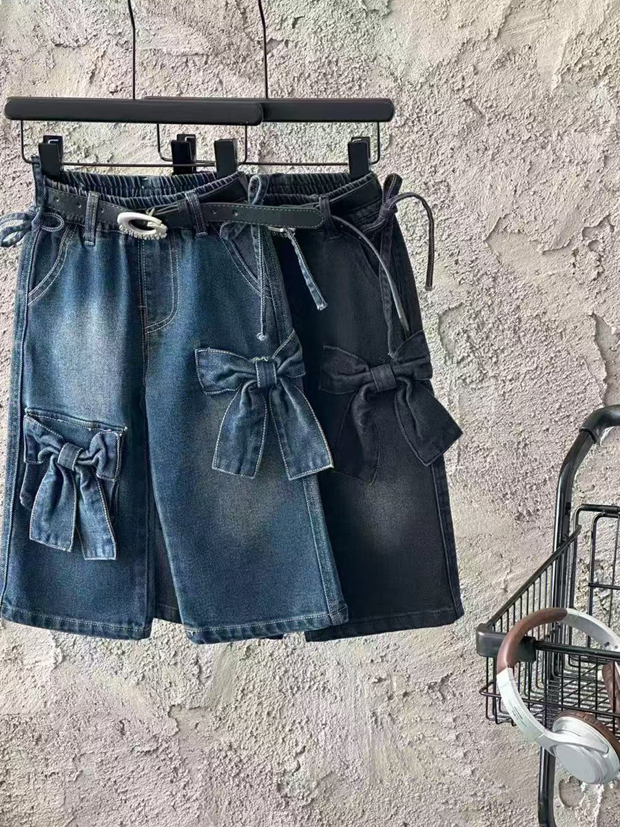(Pre-Order)Girls Bow Stretch Wide-Leg Jeans No Belt
