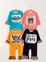 4 piece Baby Girl Autumn /Winter Cow Letter Print O-neck Ruffle Romper Set