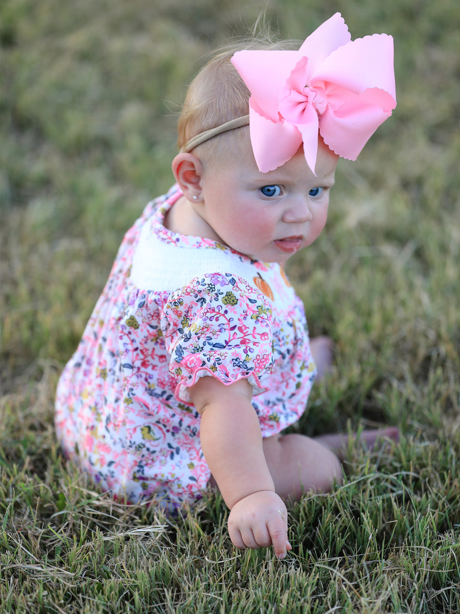 Halloween Girls Pumpkin Smocking Embroidered Romper