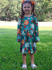 Thanksgiving Day Fall Girls Set Of 2 Pcs In One Package Pumpkin Print Dress