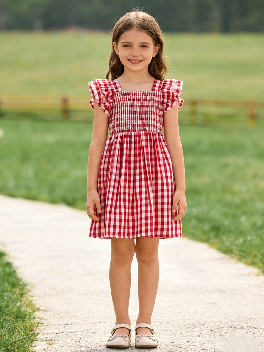Summer Plaid Smocked Ruffle Girl Dress Sibling Outfits 5 Summer Plaid Smocked Ruffle Girl Dress Sibling Outfits 5