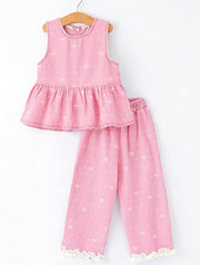 Spring Bow Dot Denim Ruffle Top and Pants Set 3/4 Pants