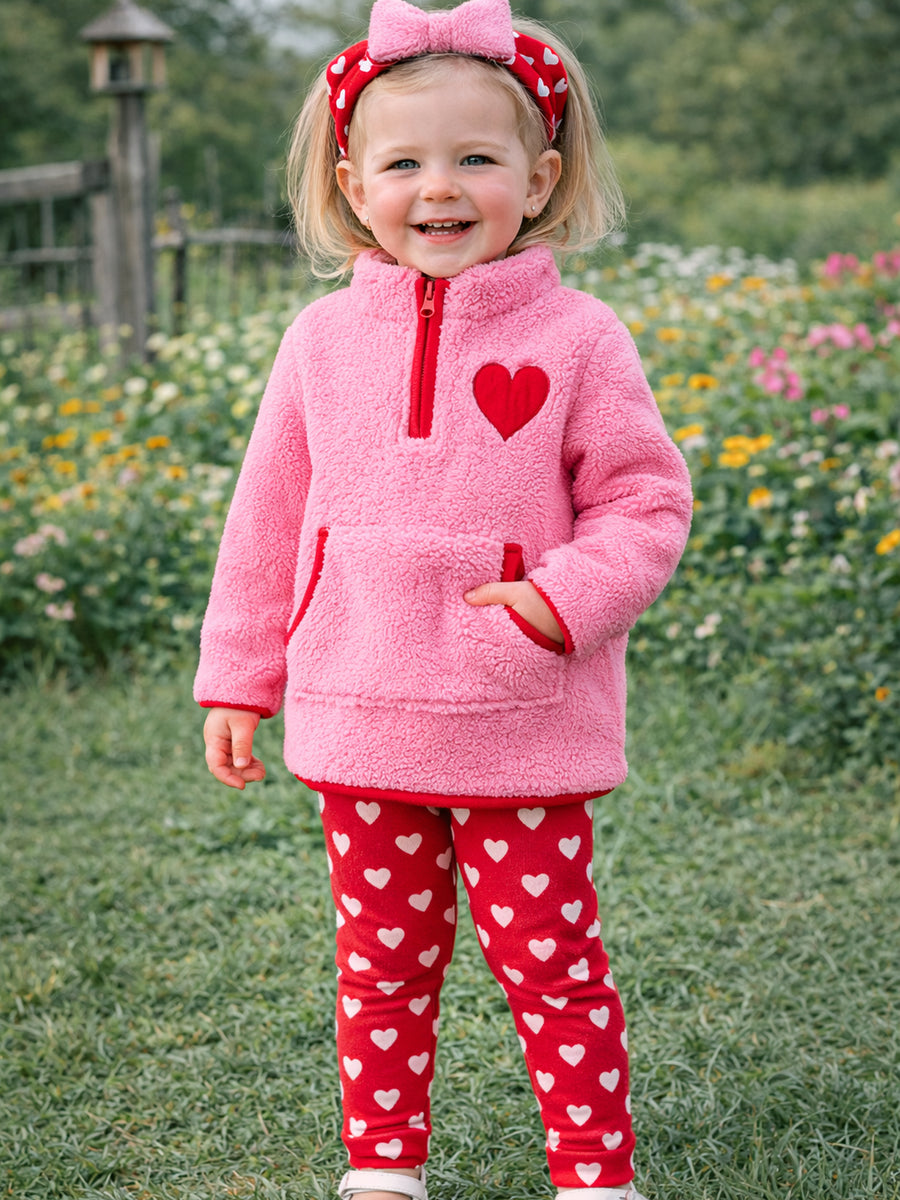 Valentine Pink Sherpa Heart Top with Red Heart Leggings and Bow Headband