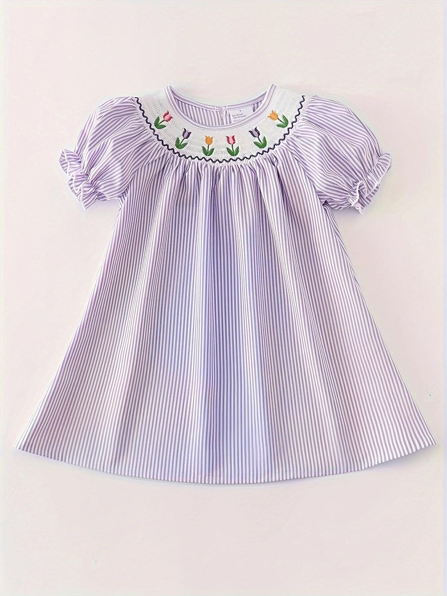 Girls Striped Short Sleeve Embroidered Dress